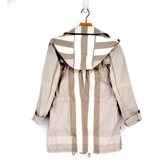 BURBERRY BRIT Checked Twill Jacket Hooded Drawstring Neutral Beige Women's 10 - Picture 4 of 13